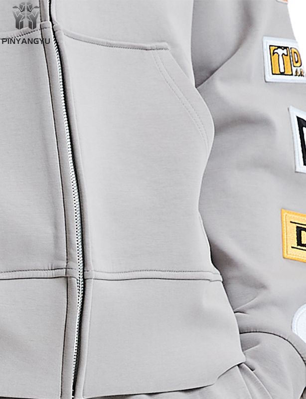 Felpa con cappuccio patchwork con stampa personalizzata Patch ricamata Lavaggio acido invecchiato Zip sbiadita con strass 100% cotone Felpa con cappuccio LOGO OEM