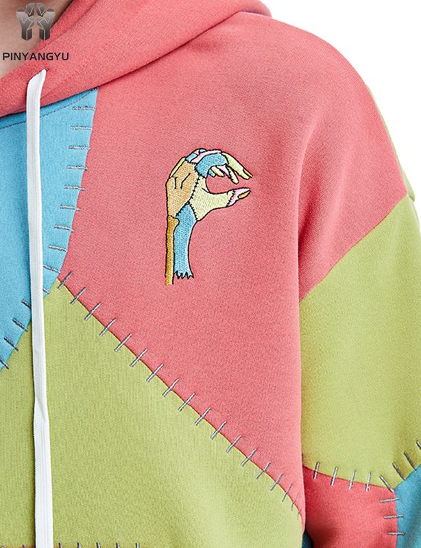 Felpe con cappuccio da uomo direttamente all'ingrosso in fabbrica Pullover di giunzione personalizzato Stampa in rilievo Tecniche ricamate con cerniera a buon mercato