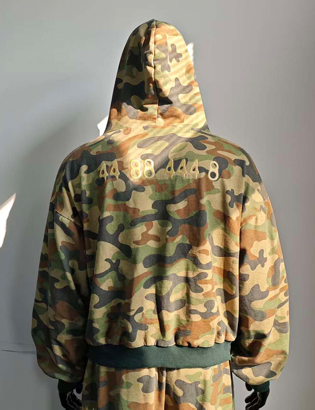 Giacche personalizzate con cerniera vintage squadrate Streetwear ritagliate pesi massimi oversize di produttori con stampa su tutta la superficie Felpa con cappuccio con cerniera mimetica